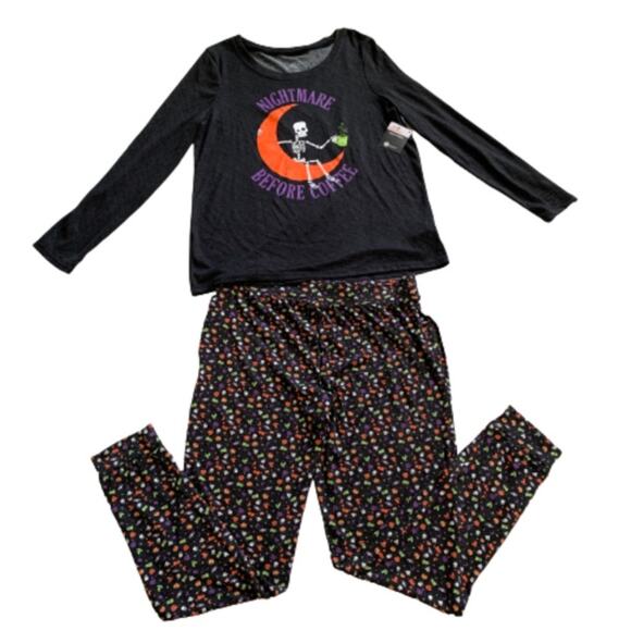 PJ Set Nightmare Before Coffee Halloween Super Soft Two Piece PJ Set Size Medium - Picture 1 of 15